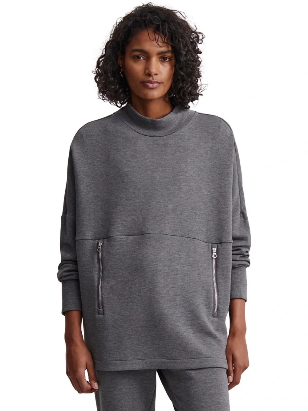 Varley Women’s Bay Sweat Pullover Lightweight Doubleface Mock Neck in Gray L